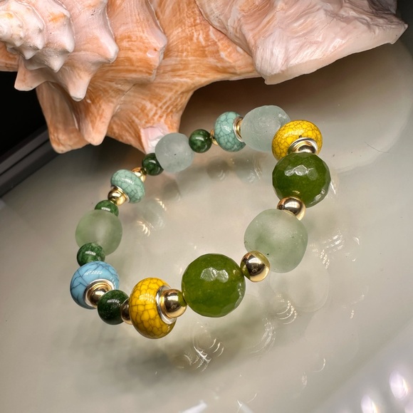 RARE TAIWAN JADE + SEA GLASS + BURMA JADE NATURAL STONES BRACELET size 7” - Picture 7 of 13